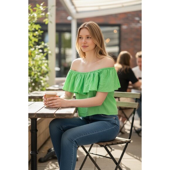 A New Day Womens Stretchy Off-Shoulder Ruffle Green Crop Top Size Large - Picture 1 of 11